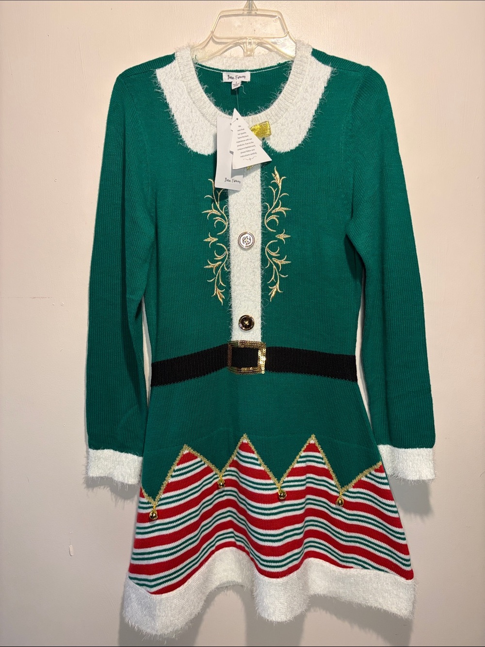 Born Famous NWT Elf Christmas Sweater Dress Jingle Bells Office Party Size L